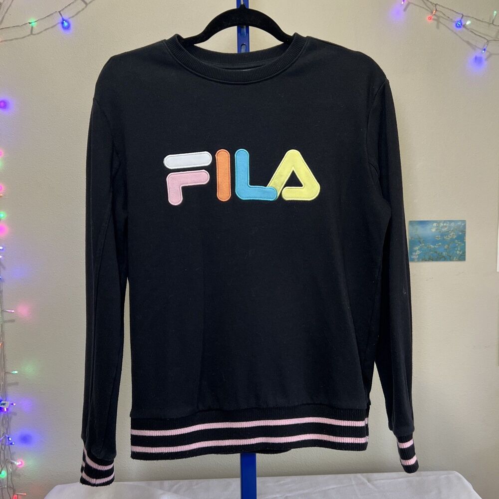 FILA Women's Crewneck Sweatshirt Pastel Embroidered Logo Pink White Cuffs & Hem